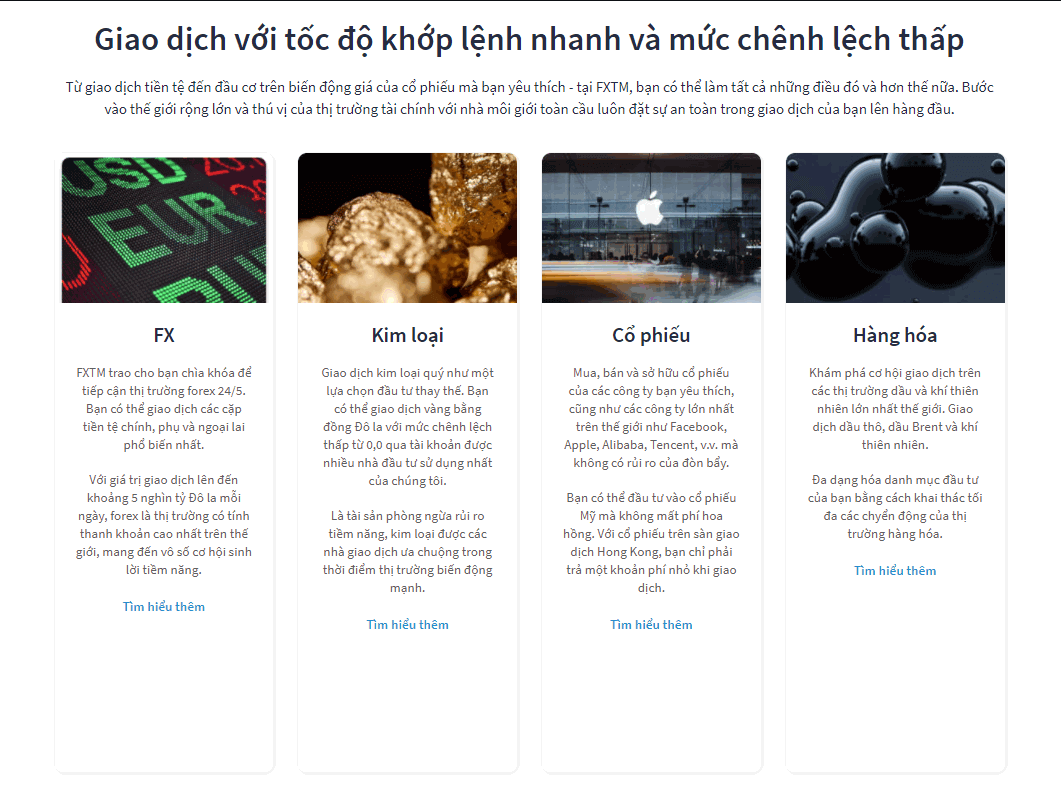 Các sản phẩm giao dịch FXTM cung cấp
