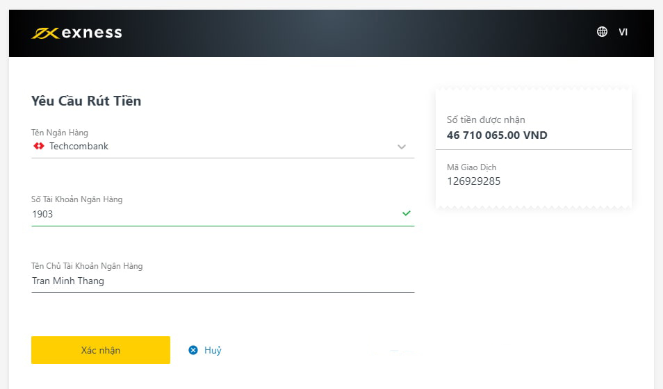 Cách rút tiền trên Exness qua Techcombank