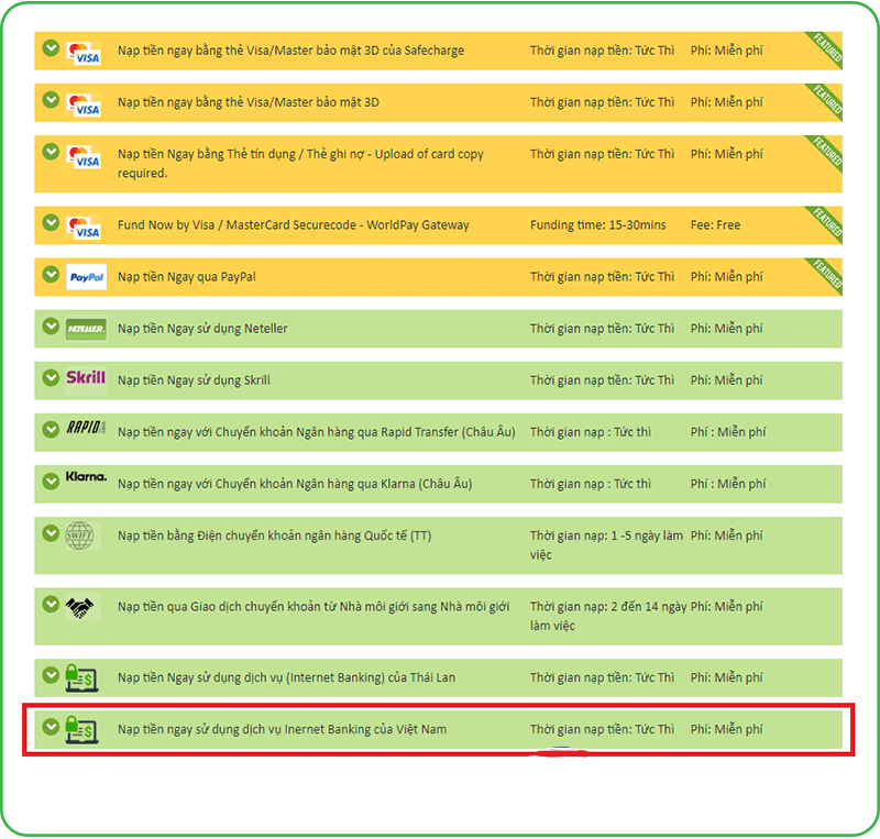 Chọn nạp tiền quan Internet Banking