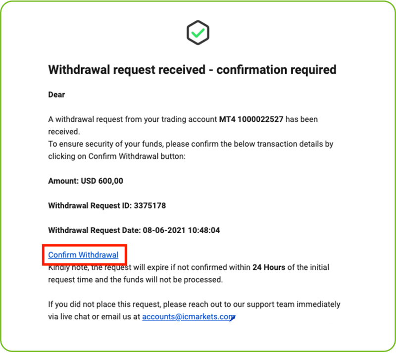 Xác nhận nạp rút tiền tại IC Markets qua email