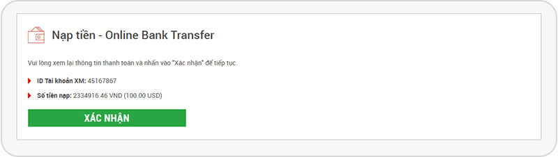 Xác nhận nạp tiền XM